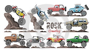 Monster truck vector cartoon rock vehicle crawling in rocks and extreme transport rocky car illustration set of heavy