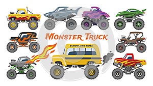 Monster truck vector cartoon vehicle or car and extreme show transport illustration set of heavy monstertruck with large