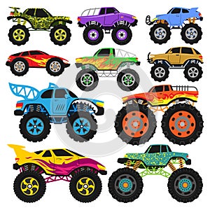 Monster truck vector cartoon vehicle or car and extreme transport illustration set of heavy monstertruck with large