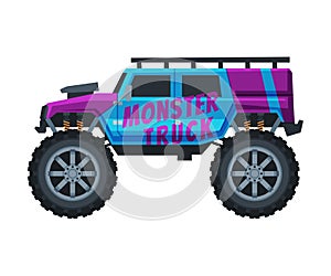 Monster Truck Vehicle, Jeep Car with Large Tires, Heavy Professional Transport Vector Illustration