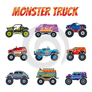 Monster Trucks Vehicles Collection, Heavy Cars with Large Tires Vector Illustration