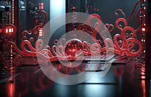 Monster virus on a computer circuit board. 3d rendering