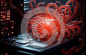 Monster virus on a computer circuit board. 3d rendering