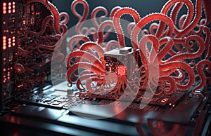 Monster virus on a computer circuit board. 3d rendering