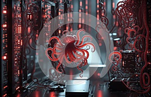 Monster virus on a computer circuit board. 3d rendering