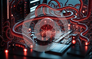 Monster virus on a computer circuit board. 3d rendering