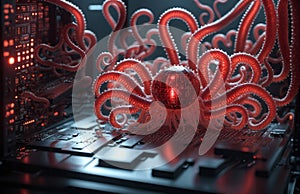 Monster virus on a computer circuit board. 3d rendering