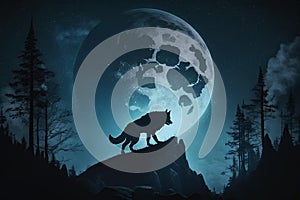 monster werewolf on top of a cliff on background of moon at night. Generative AI illustration