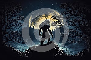 monster werewolf on top of a cliff on background of moon at night. Generative AI illustration