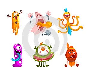 Monster with Wide Open Toothy Mouth in Frightening Pose Vector Set