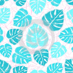 Monstera exotic foliage botanical seamless pattern over noisy background.