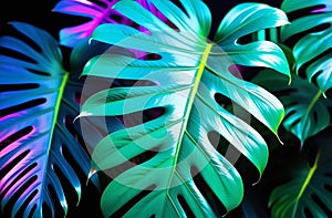 Monstera, green plant leaf in unreal night light, retro wave
