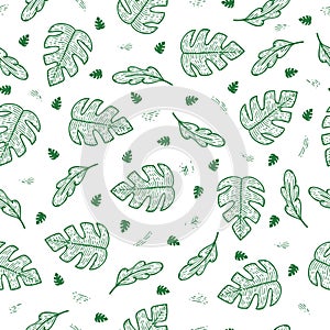 Monstera leaf doodle seamless green eco pattern for packaging background or decoration