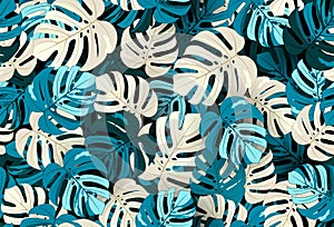 Monstera leaf pattern seamless on black background. Hand drawn tropical leaves wallpaper. Botanical vector creative design. Pastel