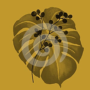 A monstera leaf and in a realistic manner and a black rowan branch on a mustard background