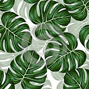 Monstera leaf seamless pattern. Colorful vivid print with beautiful palm jungle leaves. Repeated luxury design for