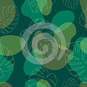 Monstera leaf in a seamless pattern . Vector illustration. Tropical background with jungle plants. exotic pattern with palm leaves