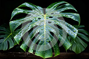 Monstera leaf with water drops on dark background, lush green foliage with droplets, nature backdrop