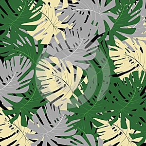 monstera leaves green yellow and gray leaf seamless vector floral pattern background