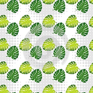 Monstera leaves in halftone style. Seamless background. Summer tropical design.