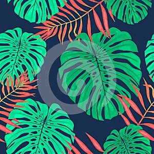 Monstera leaves seamless pattern. Vector tropical botanical illustration.