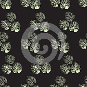 Monstera palm leaves light green on black seamless vector background. Tropical leaf pattern. Exotic nature repeating