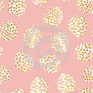 Monstera palm leaves white with gold foil dots seamless vector background. Tropical leaf pattern pink. Exotic nature