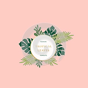 Monstera Palm Tropical Leaves Fashion Sign, Emblem, Card or Logo Template. Abstract Green Foliage with Round Banner