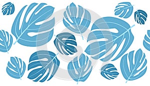 Monstera plant leaves blue floral pattern - seamless abstract background. Bright tropical plant vector illustration.