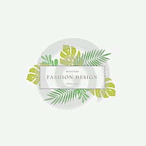 Monstera Tropical Leaves Fashion Sign or Logo Template. Abstract Green Foliage with Rectangle Border and Classy