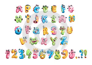 Monsters alphabet. Monster font type crazy fantastic creatures lettering cheerful letter with screaming eyes funny