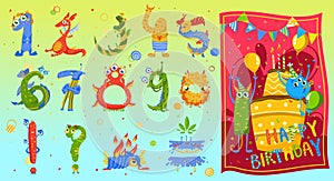 Monsters beasts characters numbers set icons, cute funny creatures for kids happy birthday card cartoon vector