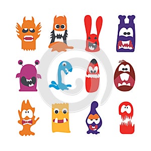 Monsters characters set flat with fun cheerful furious scary angry creatures isolated vector illustration