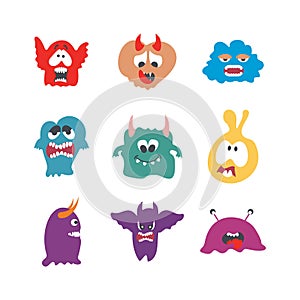 Monsters characters set flat with fun cheerful furious scary angry creatures isolated vector illustration