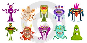 Monsters. Cute goblins and gremlins, scary aliens. Halloween funny trolls cartoon characters vector set