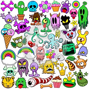 Monsters Doodles Cute Icons Set