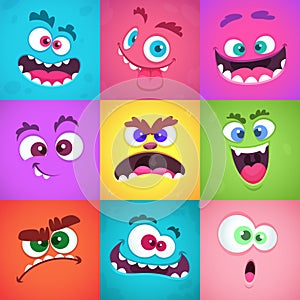 Monsters emotions. Scary faces masks with mouth and eyes of aliens monsters vector emoticon set