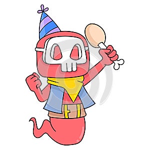 Monsters are feasting on chicken thighs on new year, doodle icon image kawaii