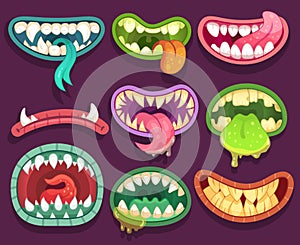 Monsters mouths. Halloween scary monster teeth and tongue in mouth. Funny jaws and crazy maws of bizarre creatures photo