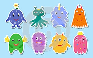 Monsters with horns and wings sticker label set