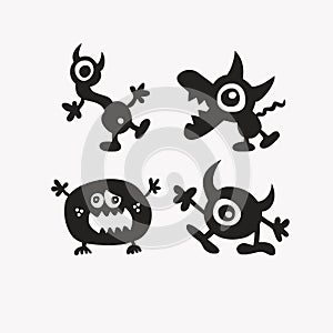 Monsters painted black on a white background