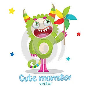 Monsters University. Cartoon Monster Mascot. Green Monster With Color Pinwheel.