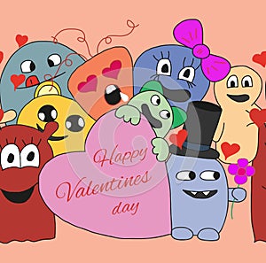 Monsters Valentine day. Seamless vector pattern