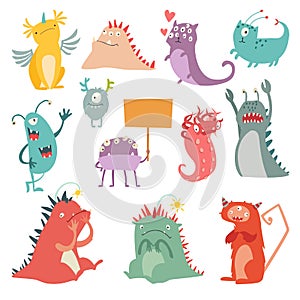 Monsters vector set. Kids cartoon toy, colorful cute character