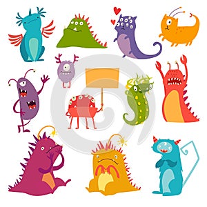 Monsters vector set. Kids cartoon toy, colorful cute character