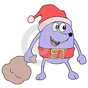 Monsters wearing santa clothes distributing gifts. doodle icon image