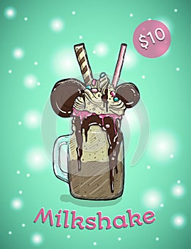 Monstershake In cartoon Style. Crazy Milkshake with cookies chocolate ice cream and candys. Hand Drawn Creative Dessert photo