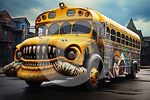 A monstertruck schoolbus in a city
