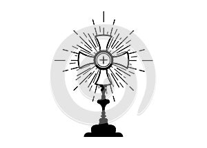 Monstrance. Ostensorium used in Roman Catholic, Old Catholic and Anglican ceremony traditions. Benediction of the Blessed sign photo
