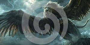 A monstrous griffin soars through stormy skies its majestic lion body and powerful eagle wings making it a fearsome photo